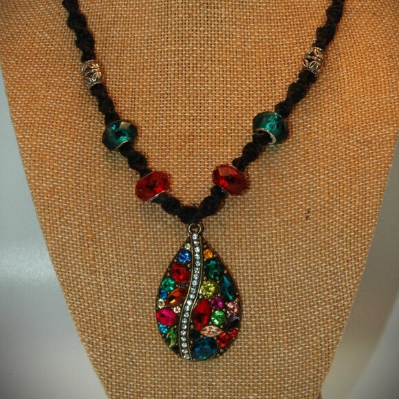 Rhinestone Multi-color Tear Drop on Black 16 3/4" Hemp Necklace - Picture 2 of 4